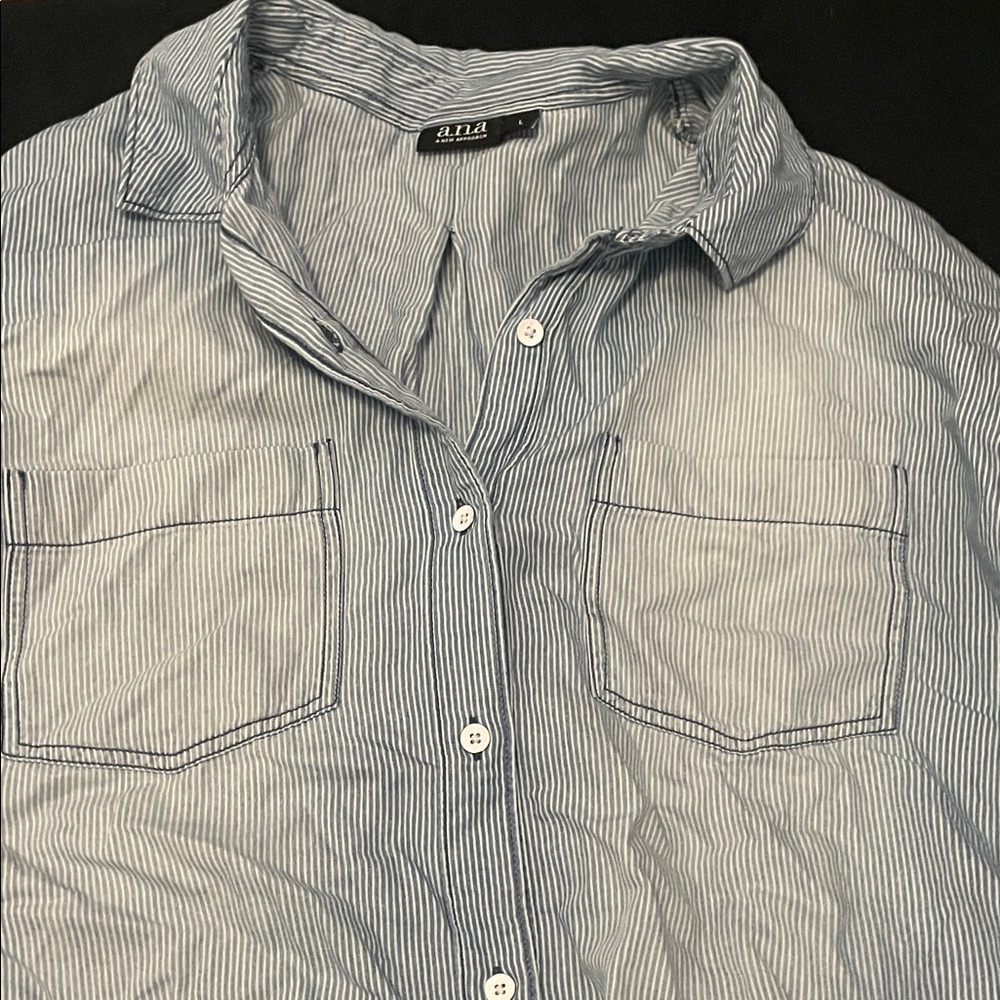 a.n.a Men's Blue and White Striped Button-Down Shirt